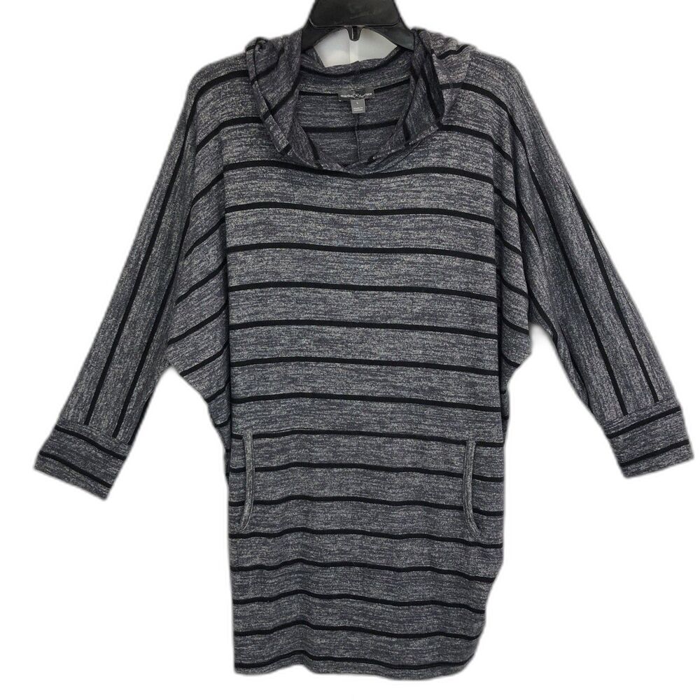 Market & Spruce Gray & Black Striped Karlotta Hooded Dolman Knit Tunic Top L